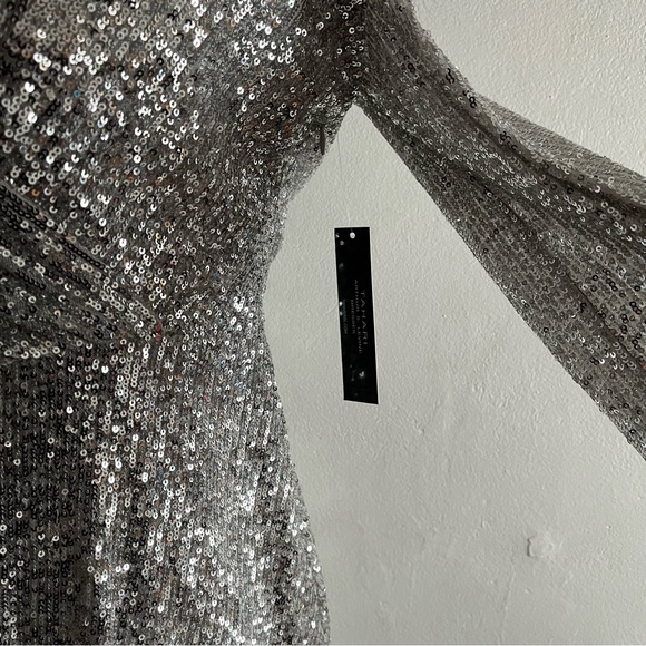 Tahari ALS Stretch Allover Silver Sequin Faux Wrap Midi Dress Size 2 - Picture 3 of 11